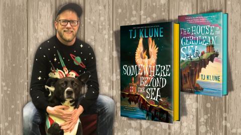 Photo shows author TJ Klune wearing a festive dark-colored sweater and hugging a black and white dog. Inset, two photos of book covers by Klune.