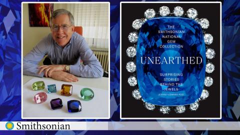 On the left, a photo of author Dr. Jeffrey Post, a white man with gray hair and glasses. On the right side, there is a photo of his book, showing a close-up image of blue precious gemstone and diamonds.