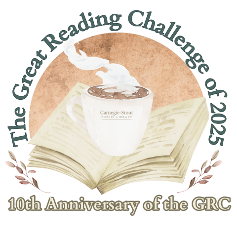 Watercolor image of a book with a steaming coffee cup, text encircles it reading "The Great Reading Challenge of 2025". Text below the image reads "10th anniversary of the GRC"