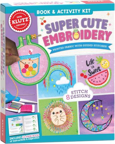 A box with the words, "Super Cute Embroidery" and pictures of 5 different simple embroidery projects. 