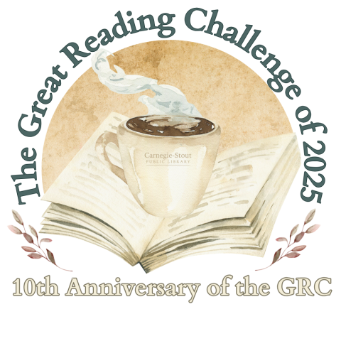 Watercolor image of a book with a steaming coffee cup, text encircles it reading "The Great Reading Challenge of 2025". Text below the image reads "10th anniversary of the GRC"