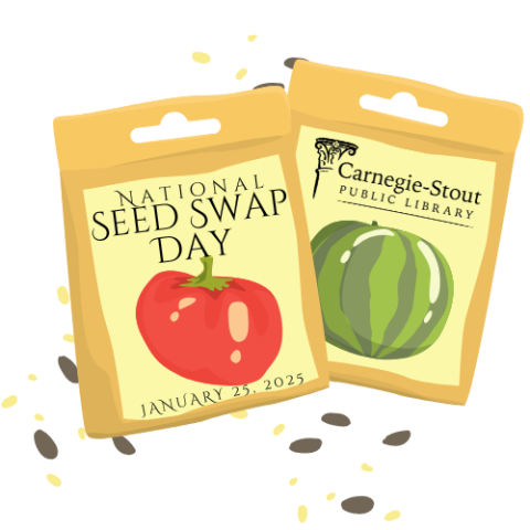 Two seed packets side by side. One with a tomato on the front has the words "National Seed Swap Day". The other has a watermelon on the front with the Carnegie Stout Public Library logo. 