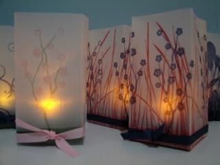 Photograph of spring-themed vellum luminaries containing a light in the center.