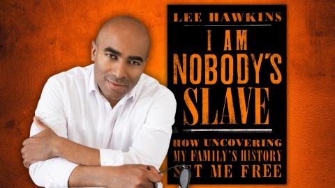 Photo of author Lee Hawkins next to his book "I Am Nobody's Slave." 