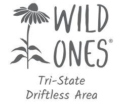 Gray image of a black eyed susan flower with the words "Wild Ones Tri-State Driftless Area"