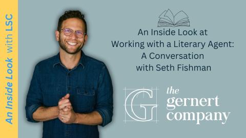 A photograph of Seth Fishman, a smiling light skinned man with glasses, short dark hair and a beard. He is wearing a blue button up shirt with the sleeves rolled up. it might be denim. At right a logo for the gernert company. 