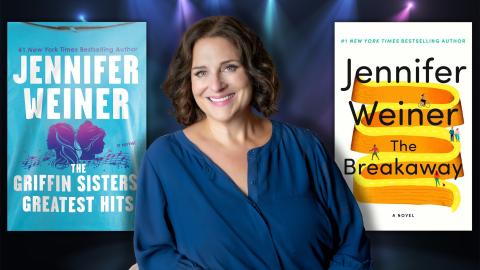 Photo shows author Jennifer Weiner with close-ups of her books "The Griffin Sisters Greatest Hits" and "The Breakaway."