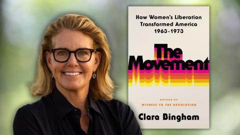 Photo shows author Clara Bingham with the a photo of her book called "The Movement."