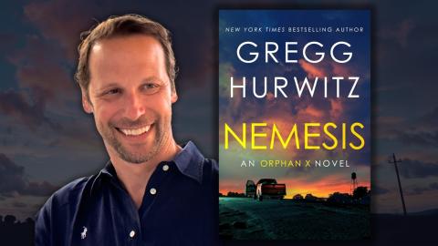 Photo shows author Gregg Hurwitz alongside a cover of his book, titled "Nemesis: An Orphan X Novel."