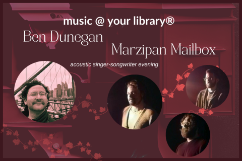 Poster for the concert. Portraits of each band member in a circle frame. Background is shades of red and has artistic renderings of mailboxes and other angular shapes with vines throughout.