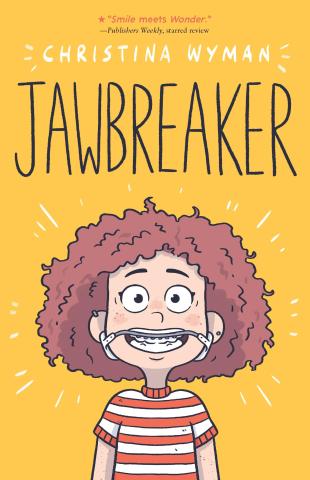 Book cover with title and author listed and a drawing of a girl with braces.