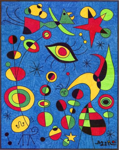 An art piece by Joan Miro, featuring a blue background with lots of reds, greens, and yellow colors. There's an abstract bird, an eye, and other examples of art expressionism.