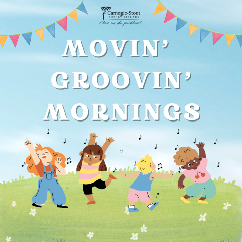 White text reads "Movin' Groovin' Mornings" over a blue sky. Four children of varying skin tones dance on green grass below.