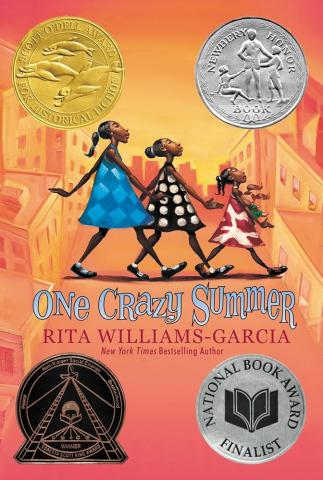 Book cover with three girls walking across a crosswalk.