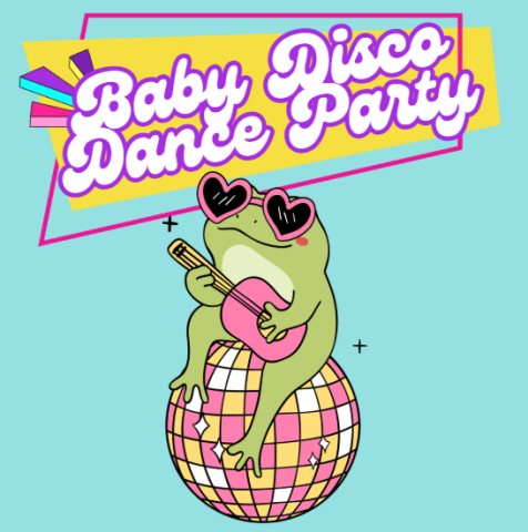 A green frog wearing heart-shaped sunglasses and playing a pink ukulele sitting on a disco ball under a banner that says "Baby Disco Dance Party"