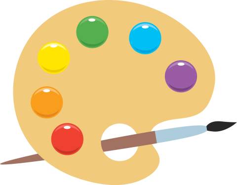 Clipart of a paint palette with red, orange, yellow, green, blue, and purple paints and a paintbrush.