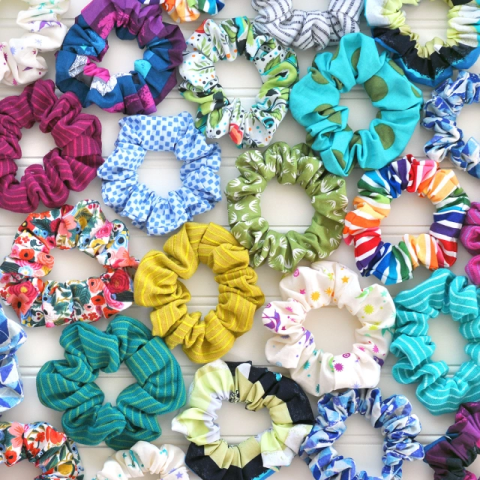 Many colorful fabric hair ties