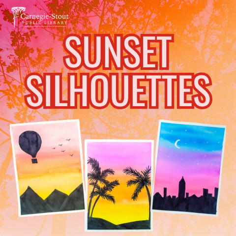 Colorful artwork with silhouetted hot air balloon, palm trees, and city skyline against sunset and twilight skies, and text "SUNSET SILHOUETTES."