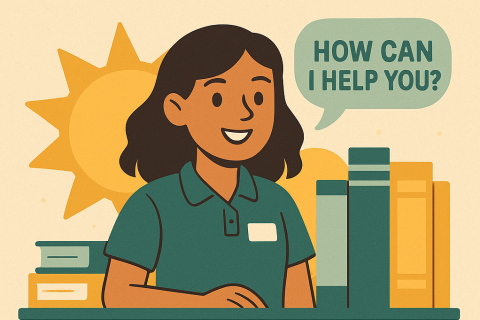 Image of a teen volunteer asking "How Can I Help You?"