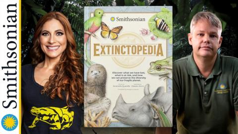 Shows cover of book "Extinctopedia" and two authors.