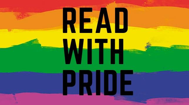 An image of a rainbow background with the text "READ WITH PRIDE" in black