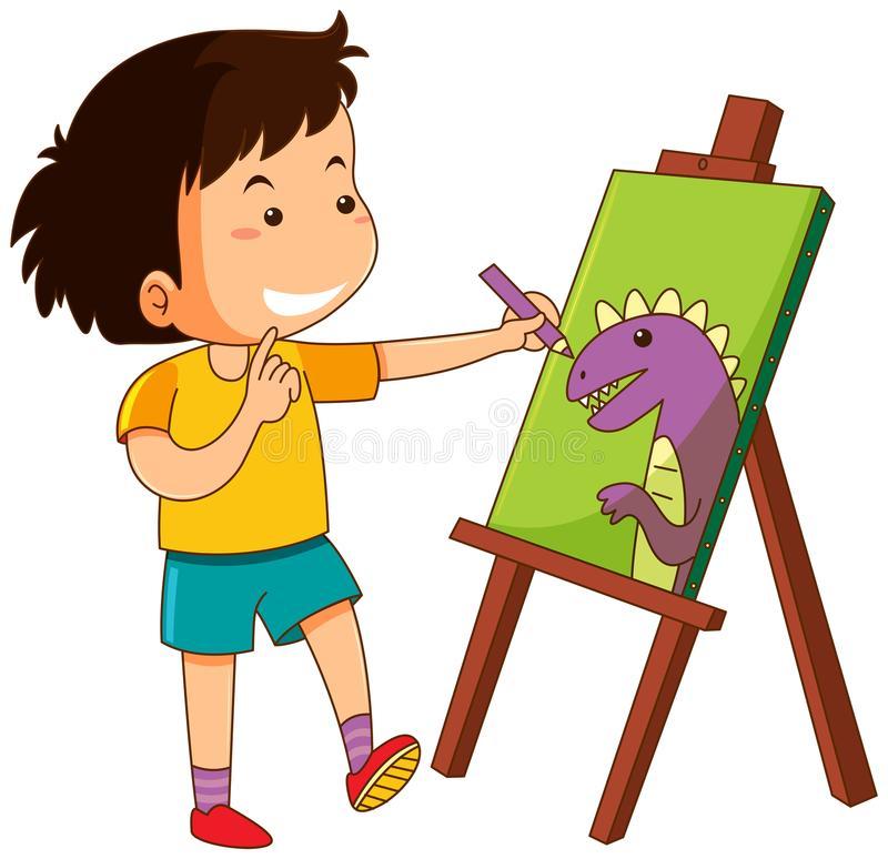 Illustration of a young person drawing a dinosaur on an easel.