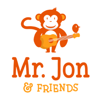 Mr. Jon Logo featuring an orange monkey holding a guitar and smiling.