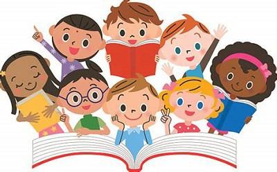 Illustration of a diverse group of children leaning over a book together