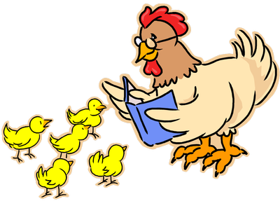 Illustration of a hen reading a book to a group of yellow chicks