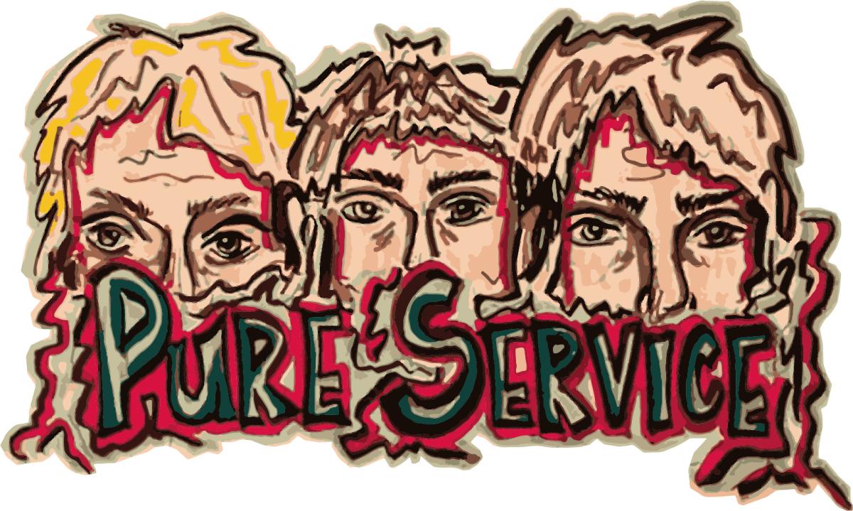 Picture of the band logo—three hand-drawn heads of the band members behind text "Pure Service."