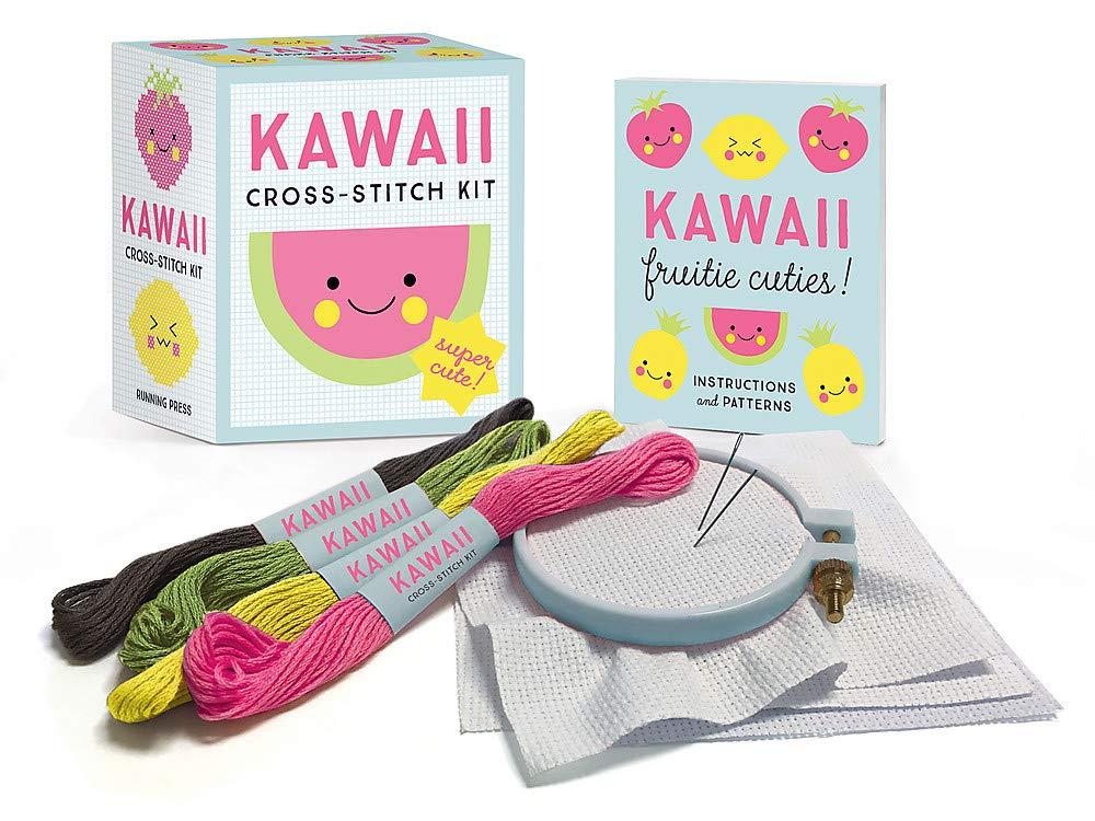 An image of the Kawaii Cross-Stitch kit with an embroidery hoop and thread.