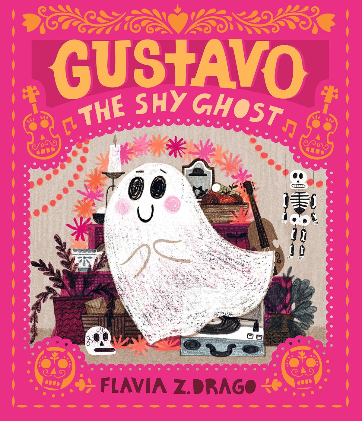 The cover of "Gustavo, the Shy Ghost" by Flavia Z. Drago, featuring a bright pink cover with an illustration of a shy, smiling ghost.