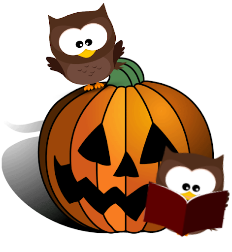 An illustration of a jackolantern and two owls reading books.