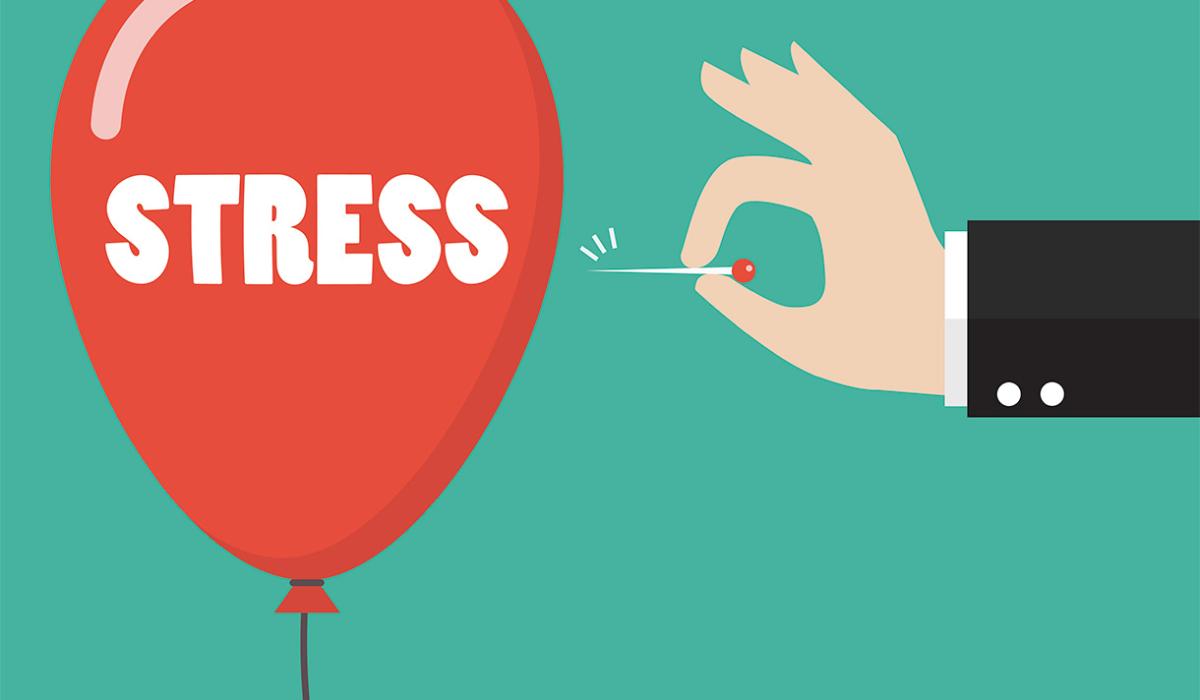 Clipart of a red balloon with the word "stress" in it, then there is a hand with a needle about to pop it. 