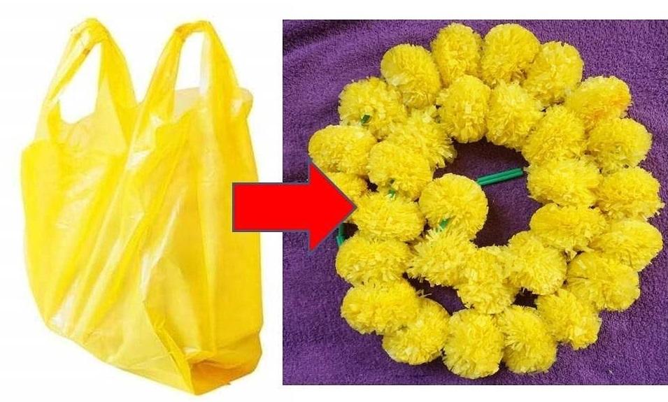 Photo of a yellow plastic bag with an arrow on the right showing an example of it turned into a flower garland. 