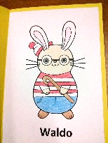 A bunny dressed as Waldo from the Where's Waldo books.