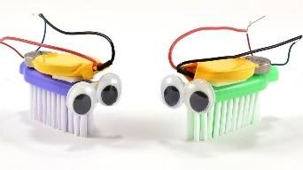 An image of bristle-bots made from toothbrushes, googly eyes, a battery and a vibrator. 