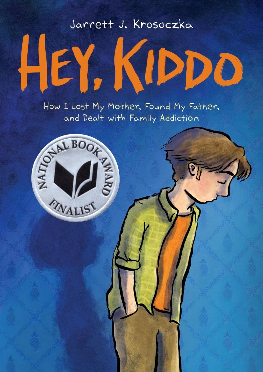 The cover of "Hey, Kiddo: A Graphic Novel", featuring an illustration of a teen boy with closed eyes slumping in a depressed manner.  