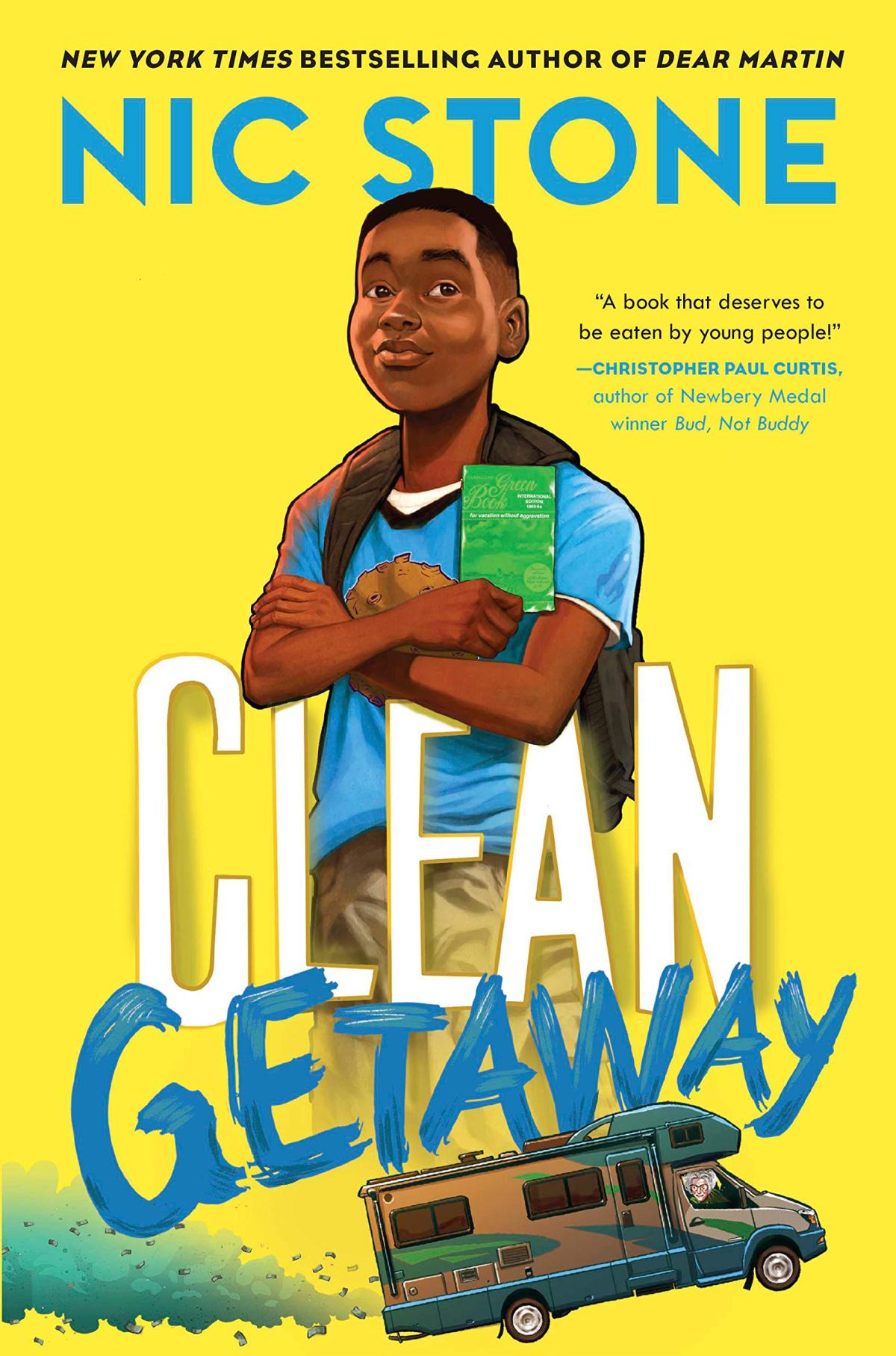 The cover of "Clean Getaway" by Nic Stone, featuring an illustration of a Black boy holding a green notebook and a small RV driving fast.