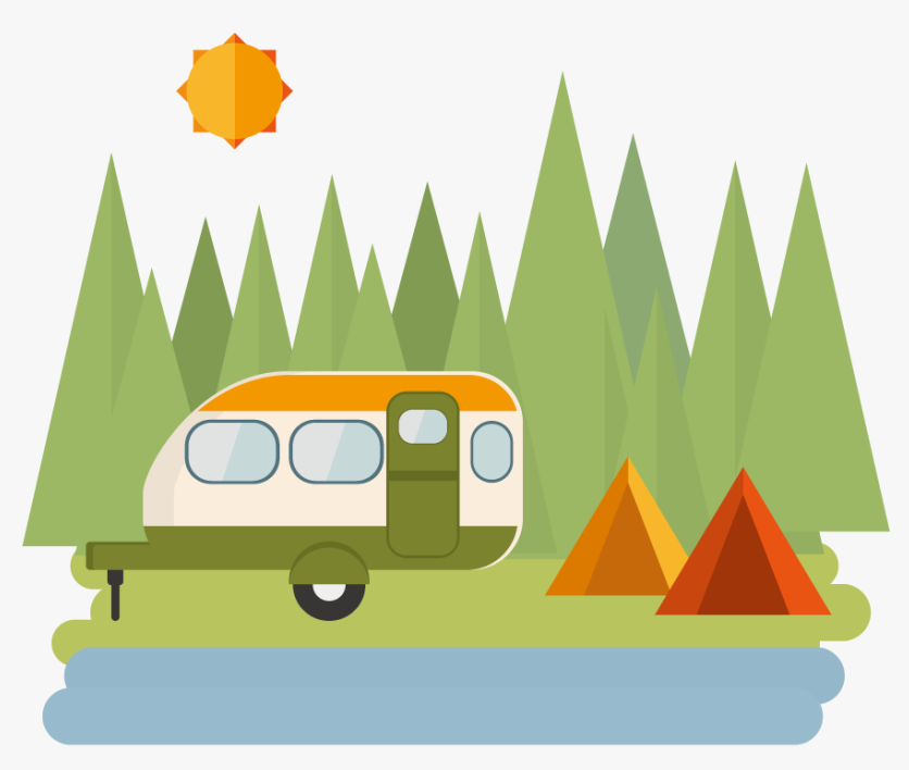 A clipart of a camper by a lake, orange tents, and pine trees on a sunny day.