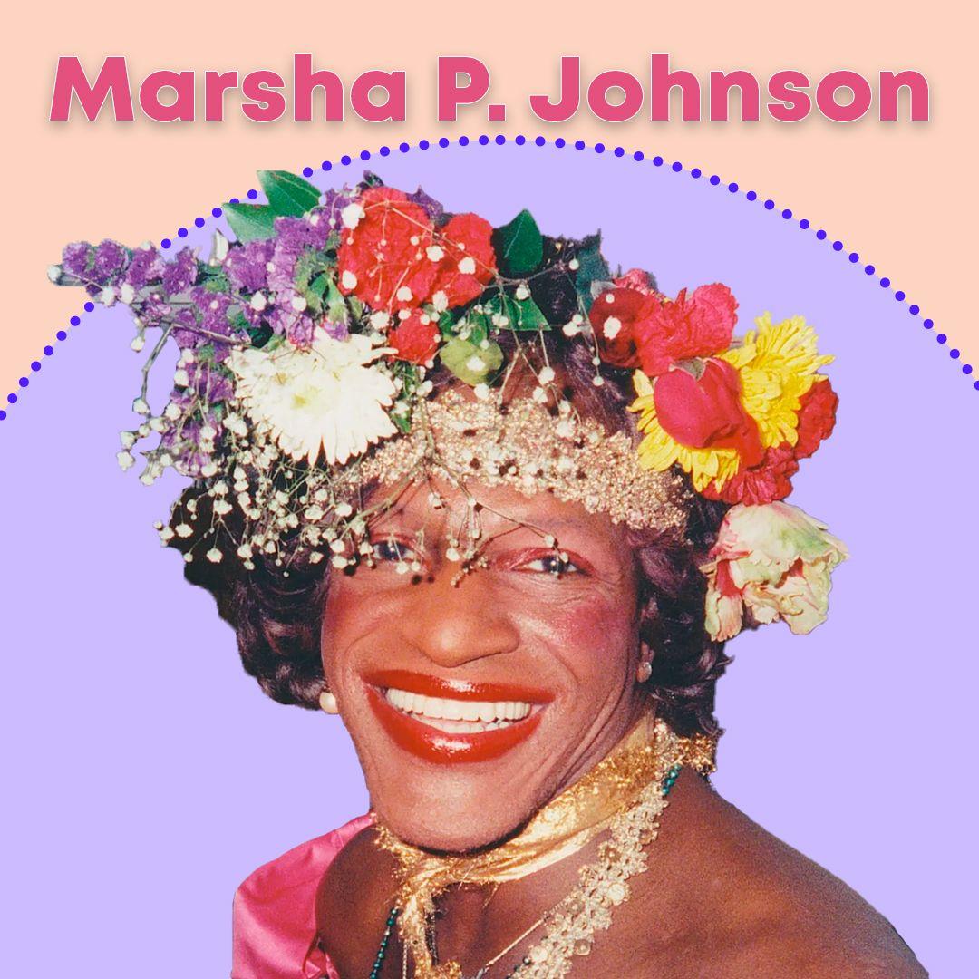 A picture of a smiling Marsha P. Johnson wearing a flower crown.