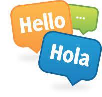 A clipart of text bubbles, one orange that says "Hello" and the other blue that says "Hola".