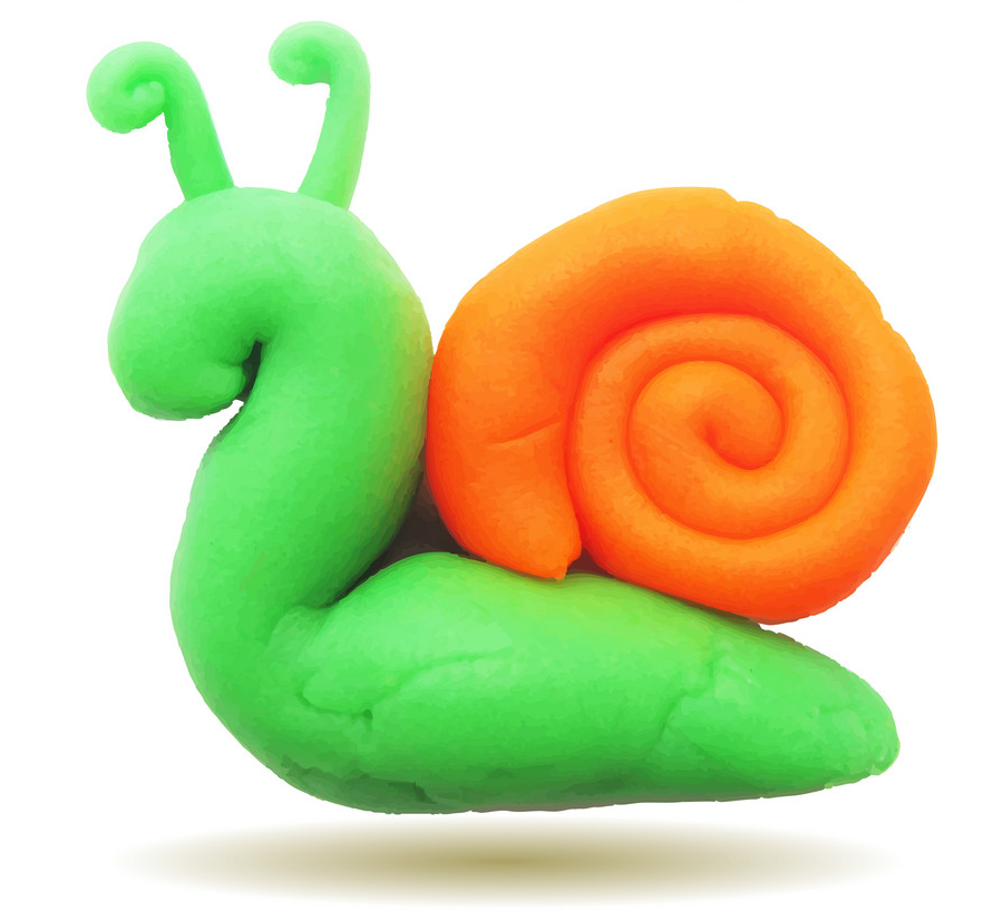 Image of a cute clay snail with an orange shell and a green body.