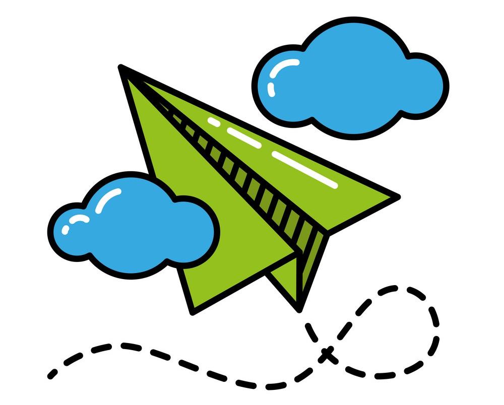 A green paper airplane flying past blue clouds.