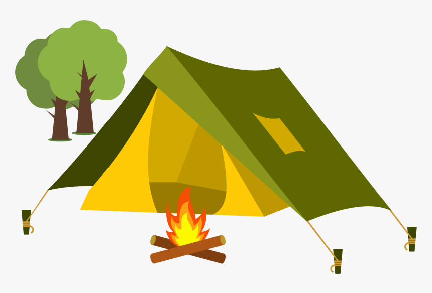 Trees behind a tent with a campfire in front.