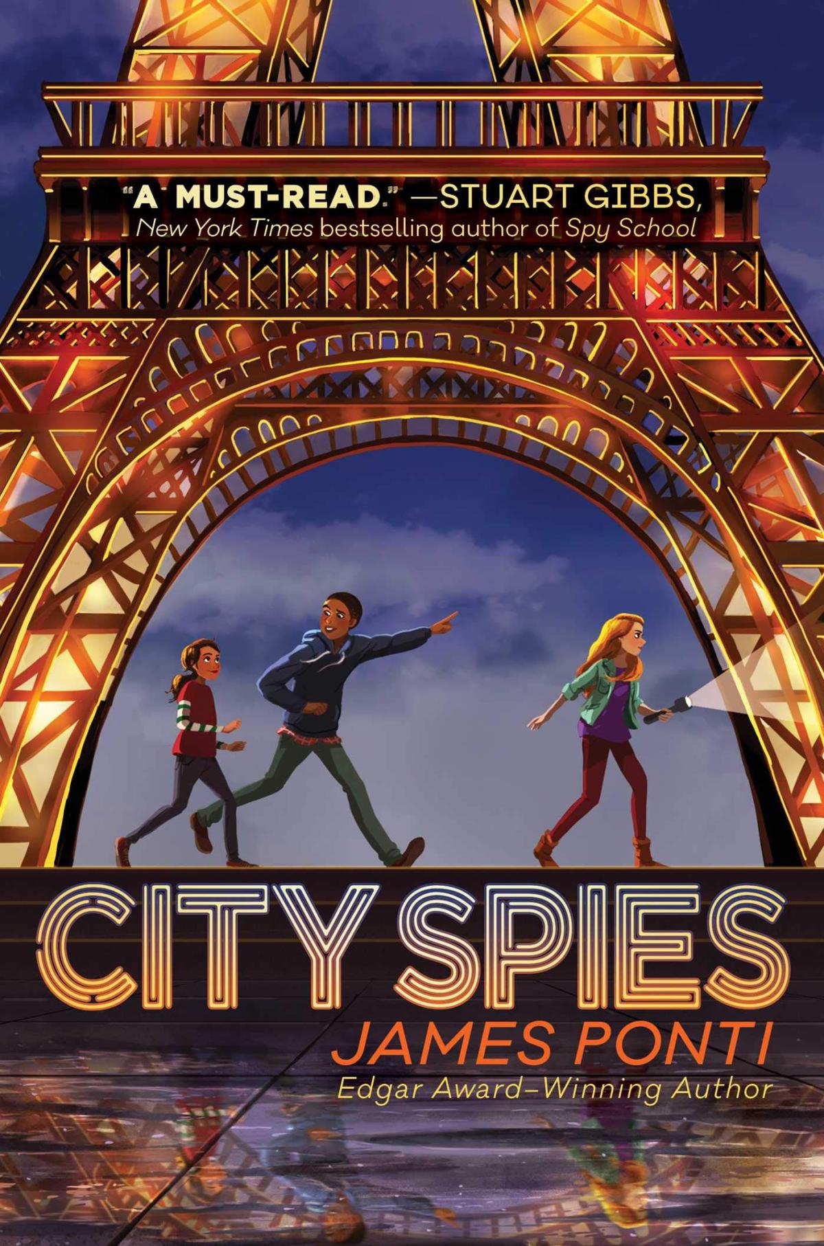 The cover of "City Spies" by James Ponti, featuring three young spies walking above a beam of a tower at night. 