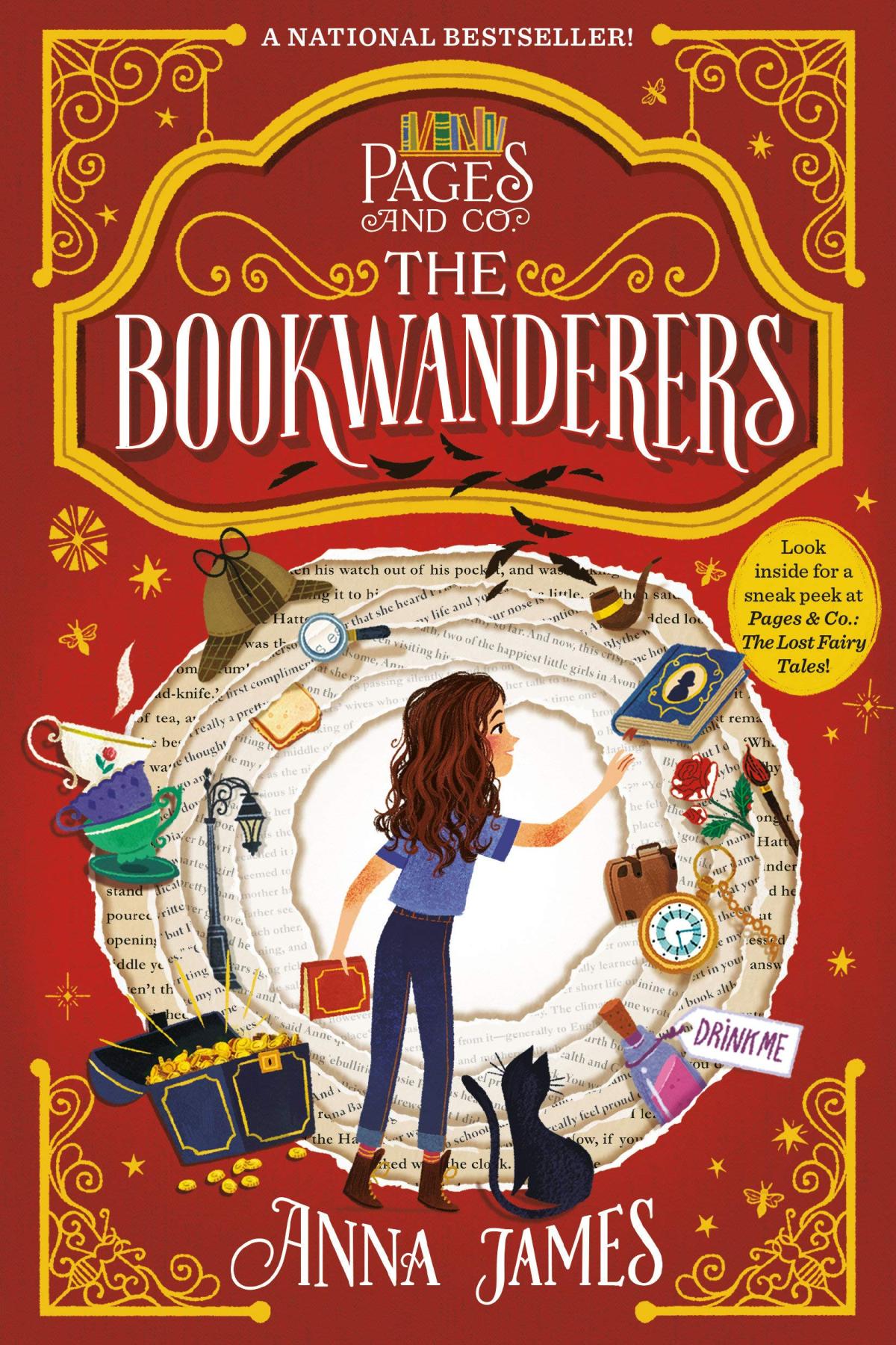 The cover of "Pages & Co.: The Bookwanderers" by Anna James, featuring a young girl and a black cat looking into a bookish portal filled with tea, pipes, a pocketwatch, treasure, etc. 