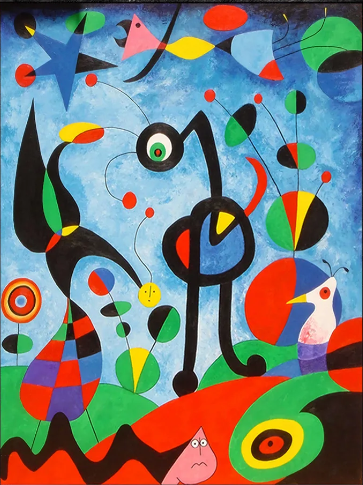 A painting titled titled "The Garden" made in 1925 by Joan Miró, featuring several abstract birds, plants, and a worm.