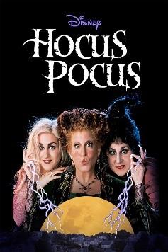 Cover of the movie Hocus Pocus with three witches over a full moon.