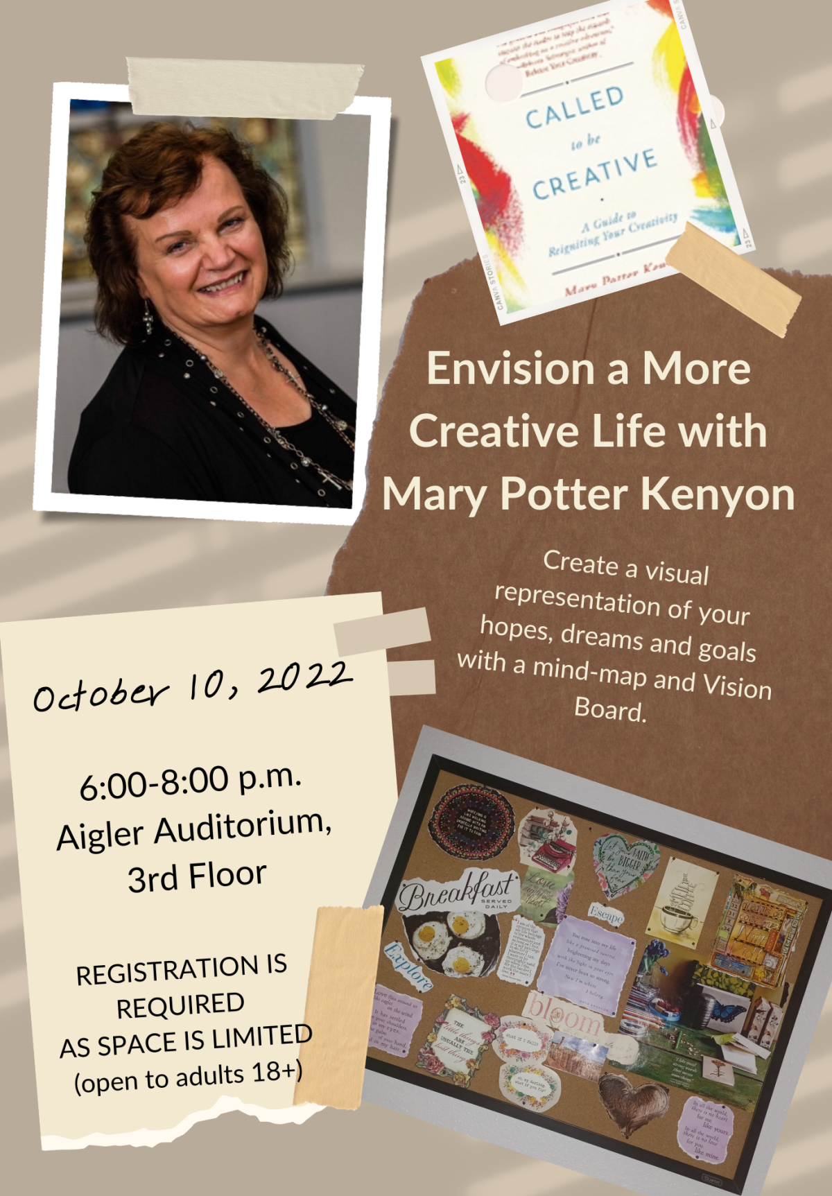 Collage of pictures of Mary Potter Kenyon, her book cover and a vision board.